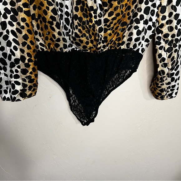 RIXO Avril Leopard Black Tan Deep Plunge Line Silk Viscose Blend Bodysuit - Picture 7 of 13